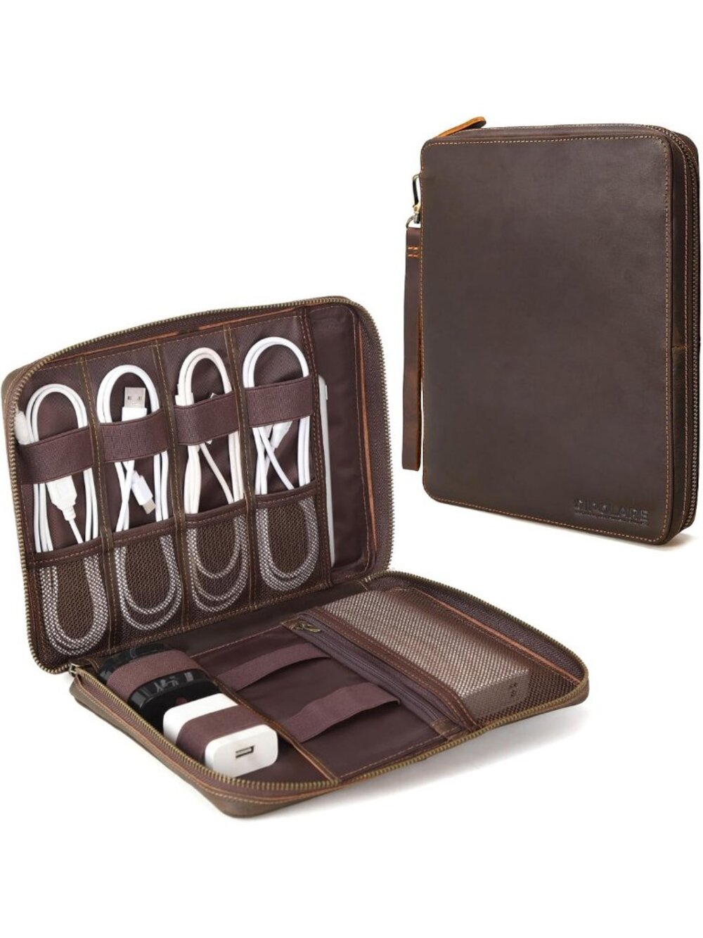 Full Grain Leather Travel Cable Organizer Case - Tech Storage Bag for Cables